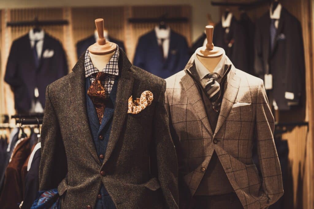 Colorful custom suits displayed in a store
