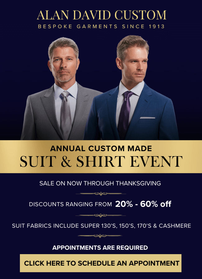 A flyer of Alan David Custom suit and shirt sales event 2023