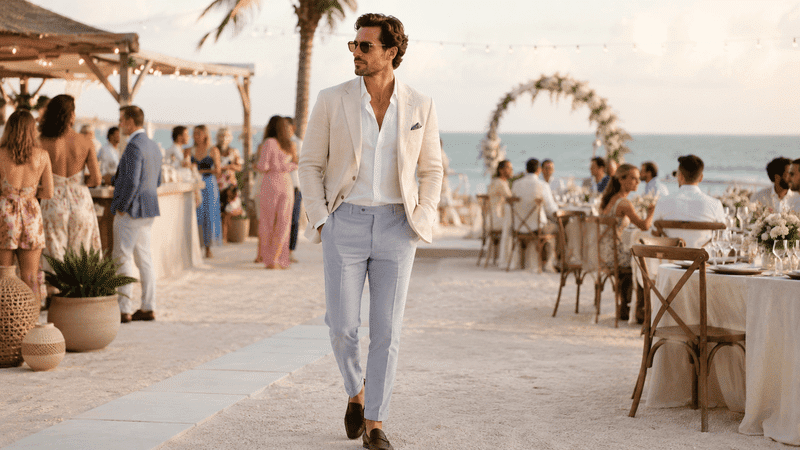 Casual or beach wedding dress code and the guest wears beige coat and blue pants.png