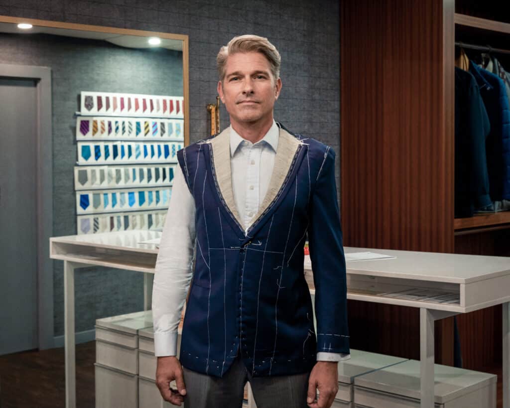 A model shows how Alan David suits are constructed.
