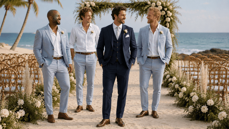 Groom Beach Wedding Outfit vs. Groomsmen Attire