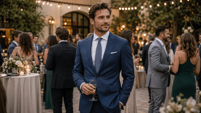 Semi-formal or cocktail dress code for a wedding and guest is wearing a blue suit
