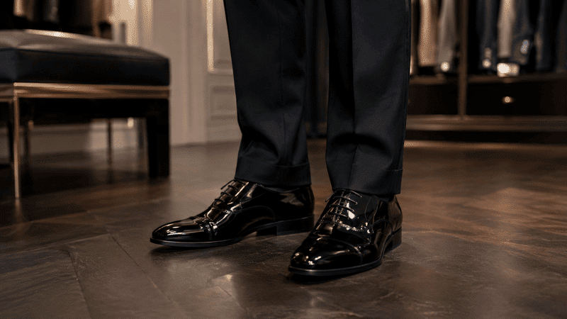 black patent leather oxfords shoes with a tuxedo