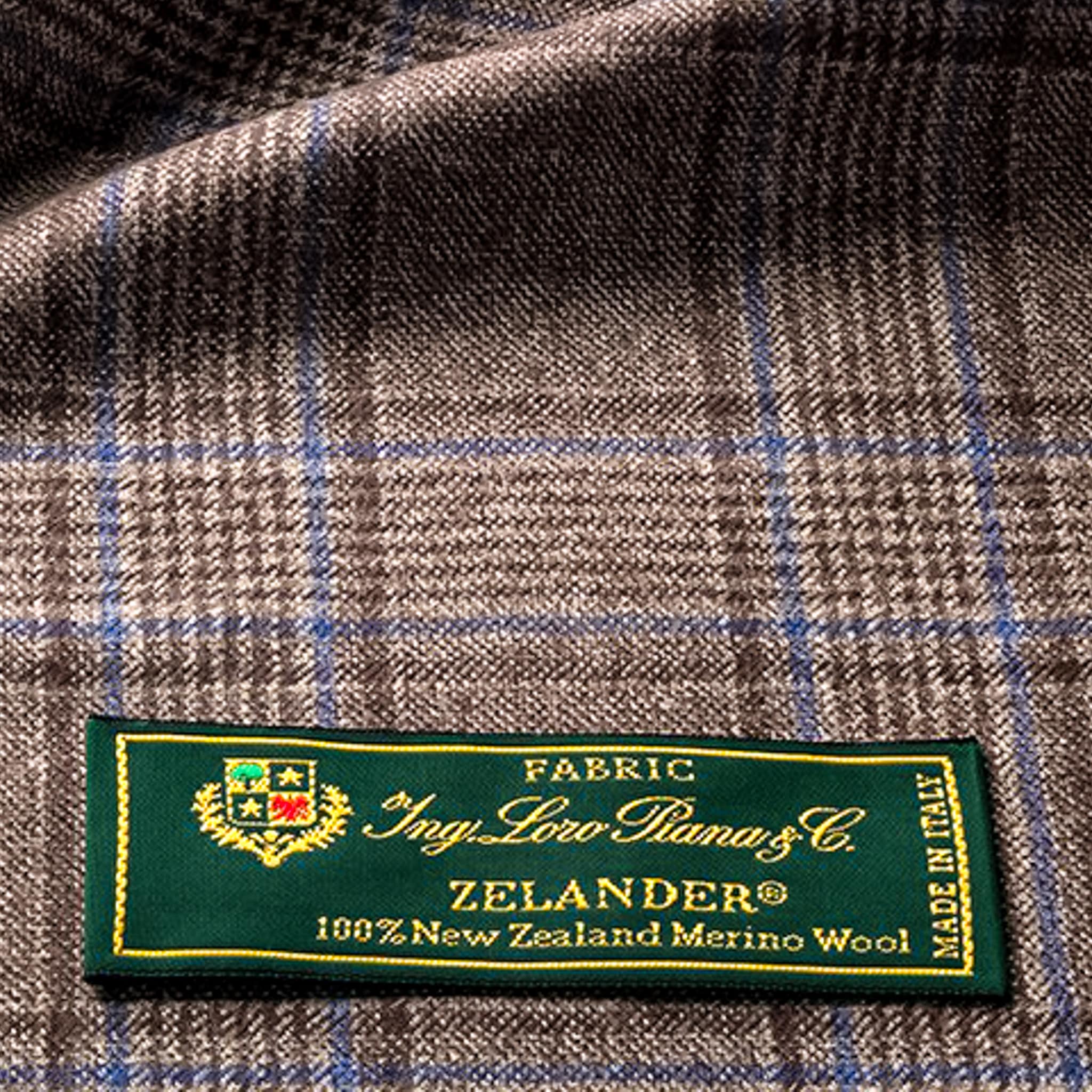 Loro Piana light brown overplaid fabric swatch.