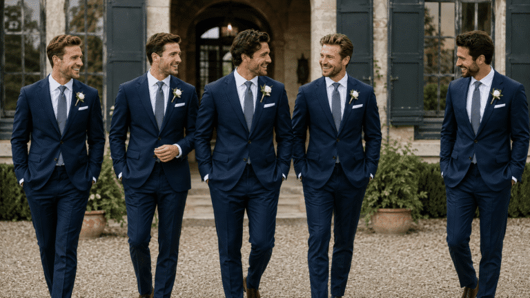 groom and groomsmen wear navy suits for the weddong