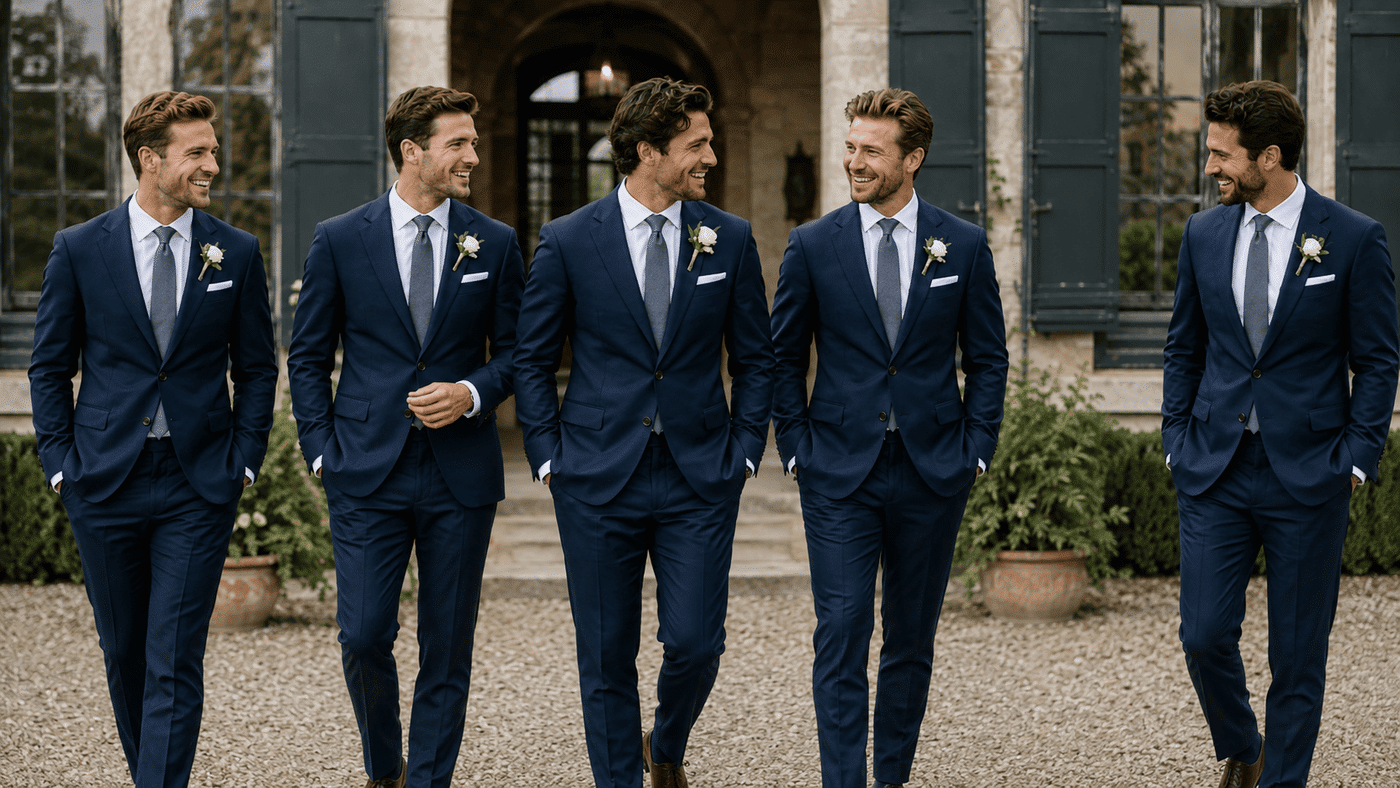 groom and groomsmen wear navy suits for the weddong