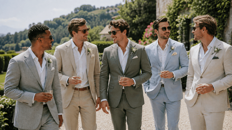 groomsmen wearing linen suits for Daytime and Outdoor Wedding