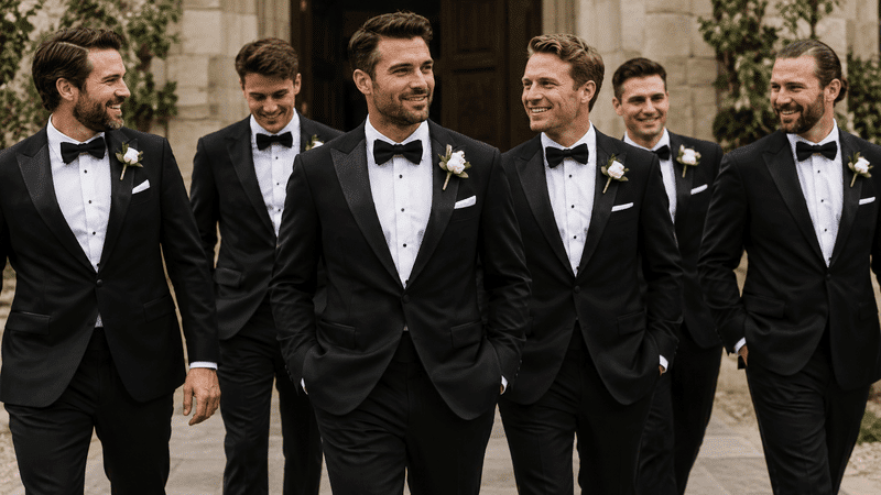 groomsmen wearing tuxedo for black tie attire wedding