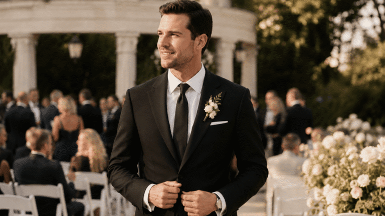 man-wearing-a-black-suiit-in-a-summer-wedding