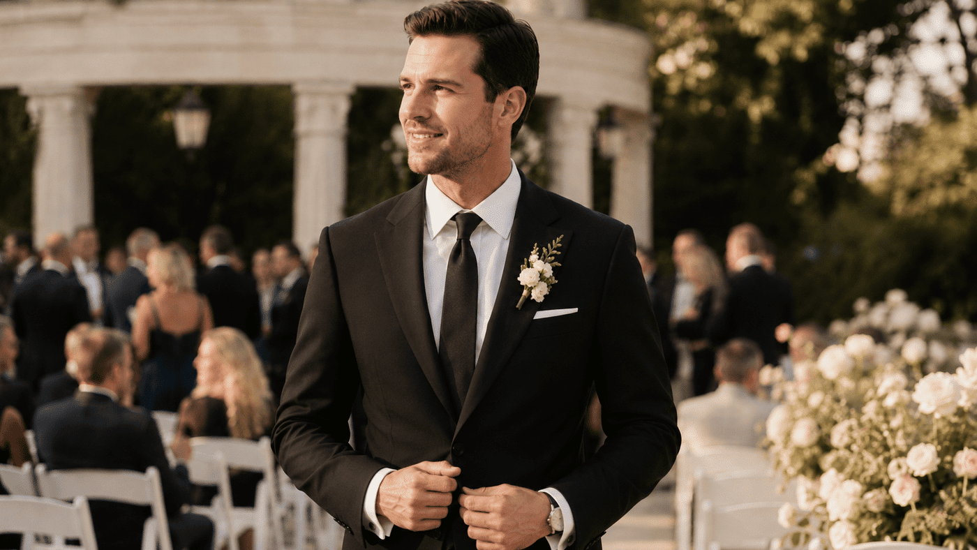 man-wearing-a-black-suiit-in-a-summer-wedding