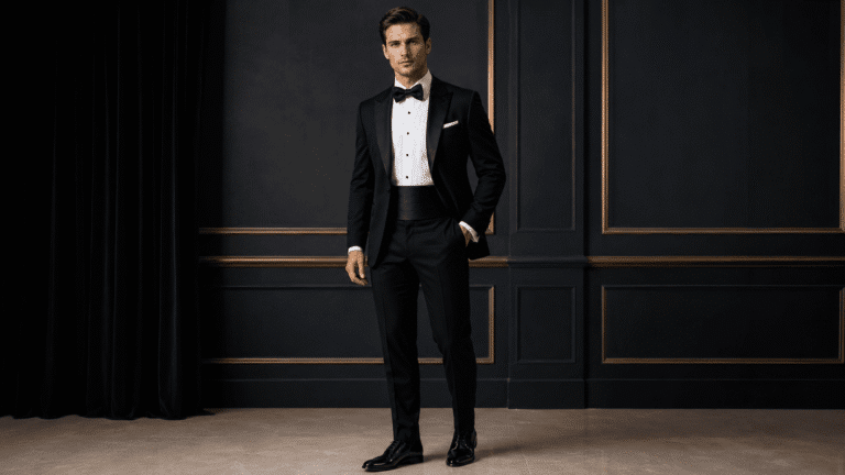 man wearing a custom tuxedo with all accessories included