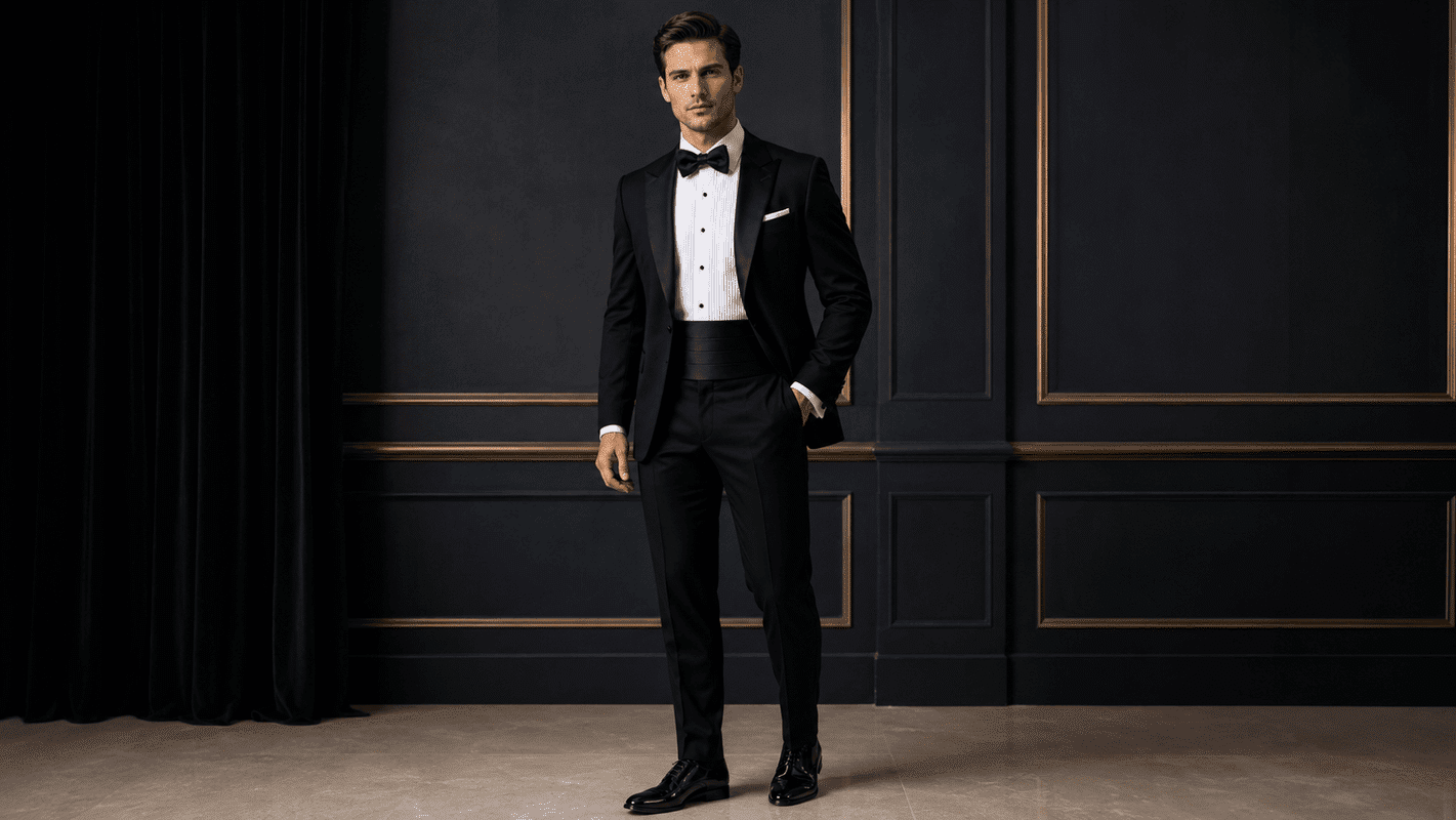 man wearing a custom tuxedo with all accessories included