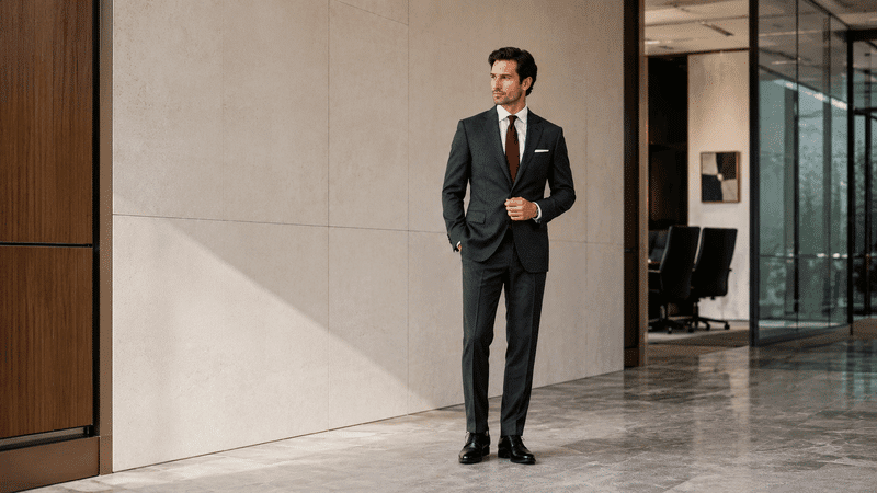 man wearing charcol suit with black shoes, white shirt and red tie before interview