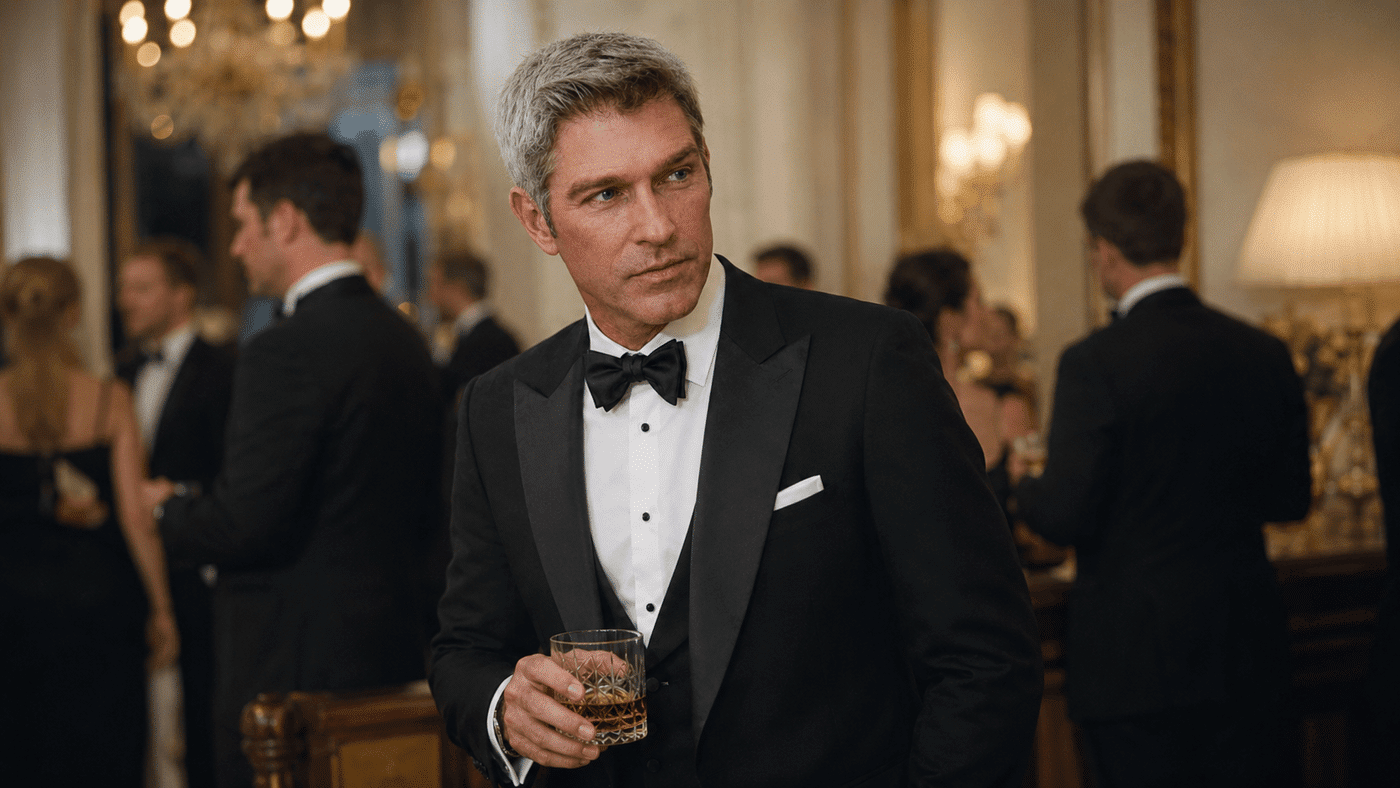 man wearing tuxedo during black tie event