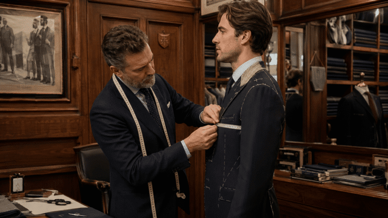 master fitter taking measurements for making bespoke suit