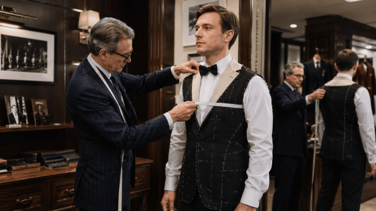 master fitter taking measurements to make a bespoke tuxedo