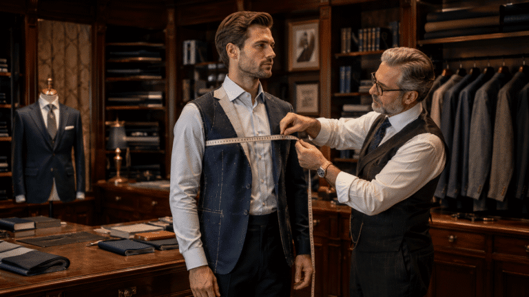master tailer taking measurements from the client for custom suit