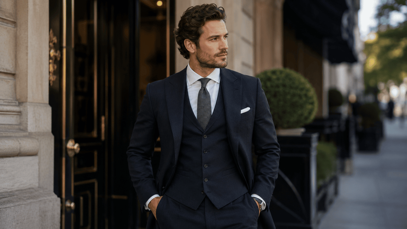 men wearing a 3 piece suit in a streets of NYC