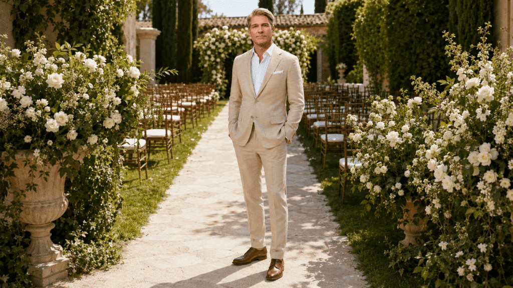 men wearing a beige linen suit for wedding ceremony