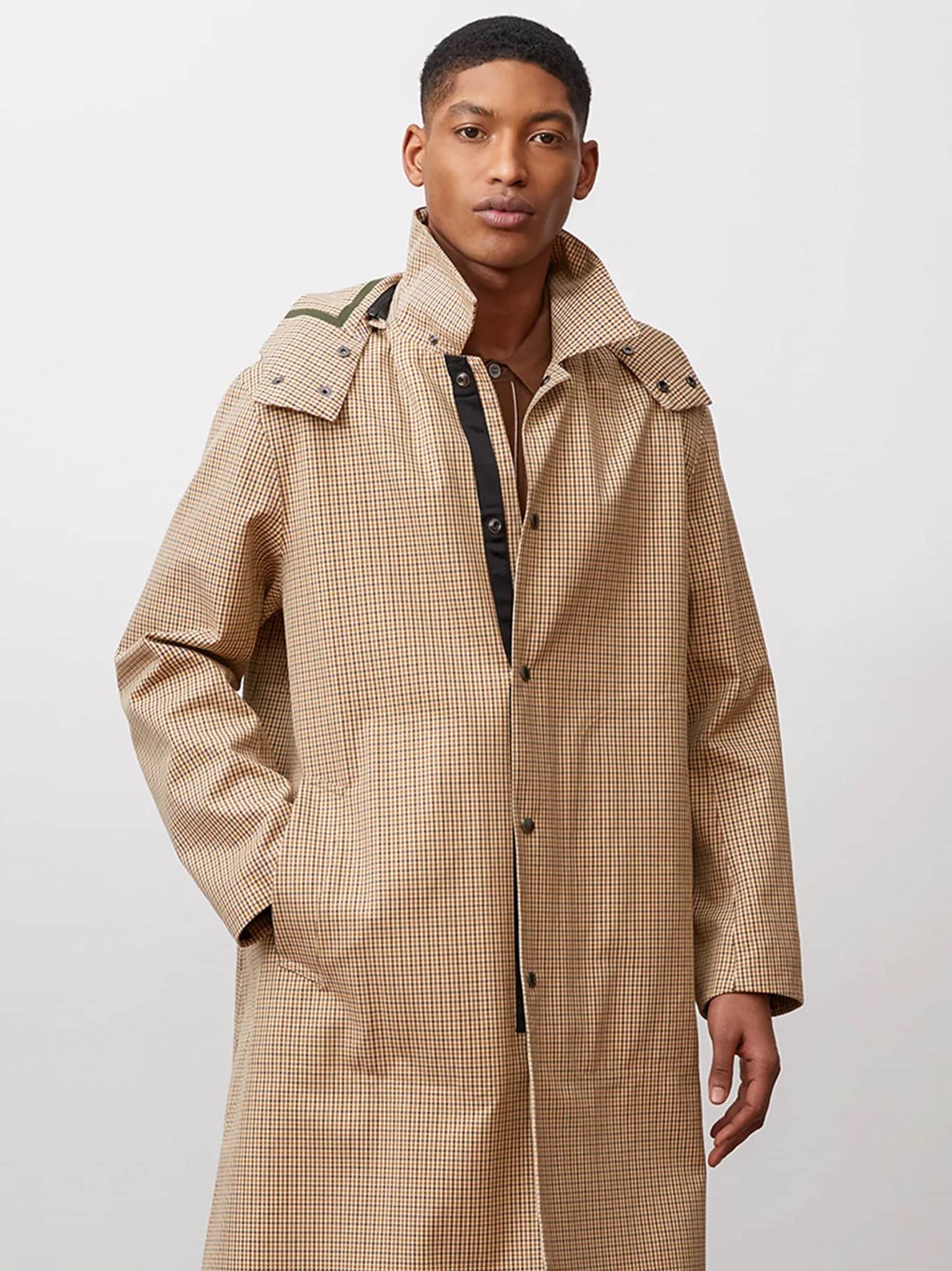Loro Piana tan and blue check bespoke raincoat.