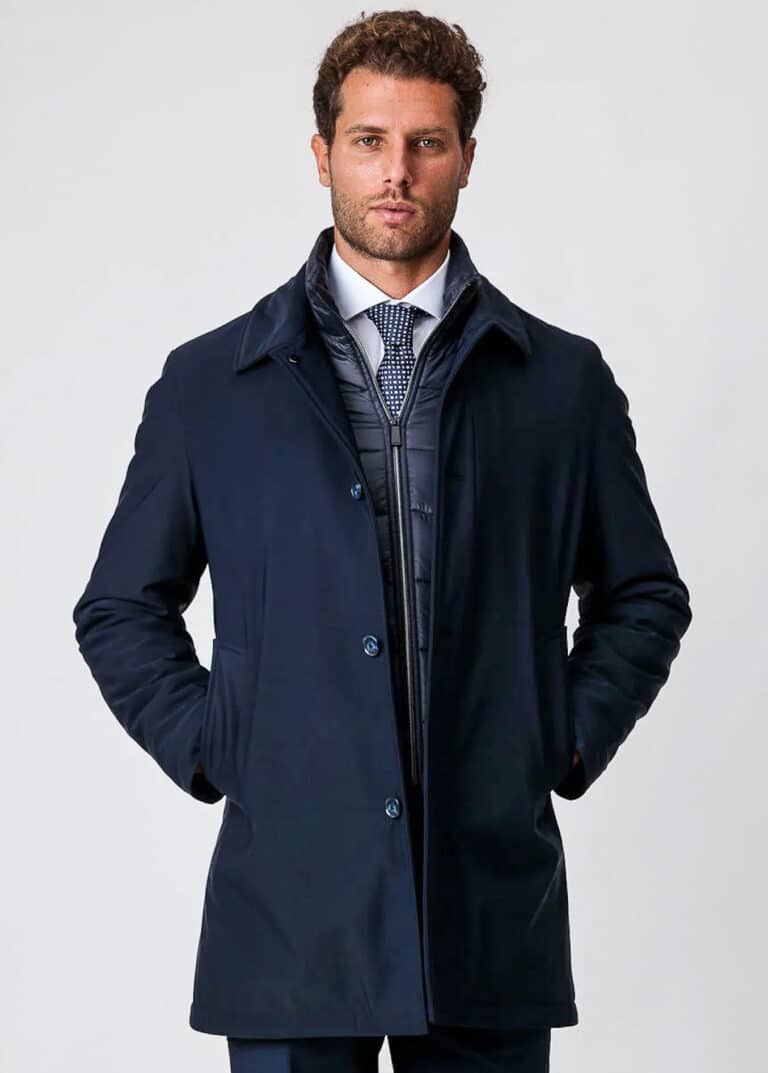 model in navy bespoke raincoat from Ermenegildo Zegna.