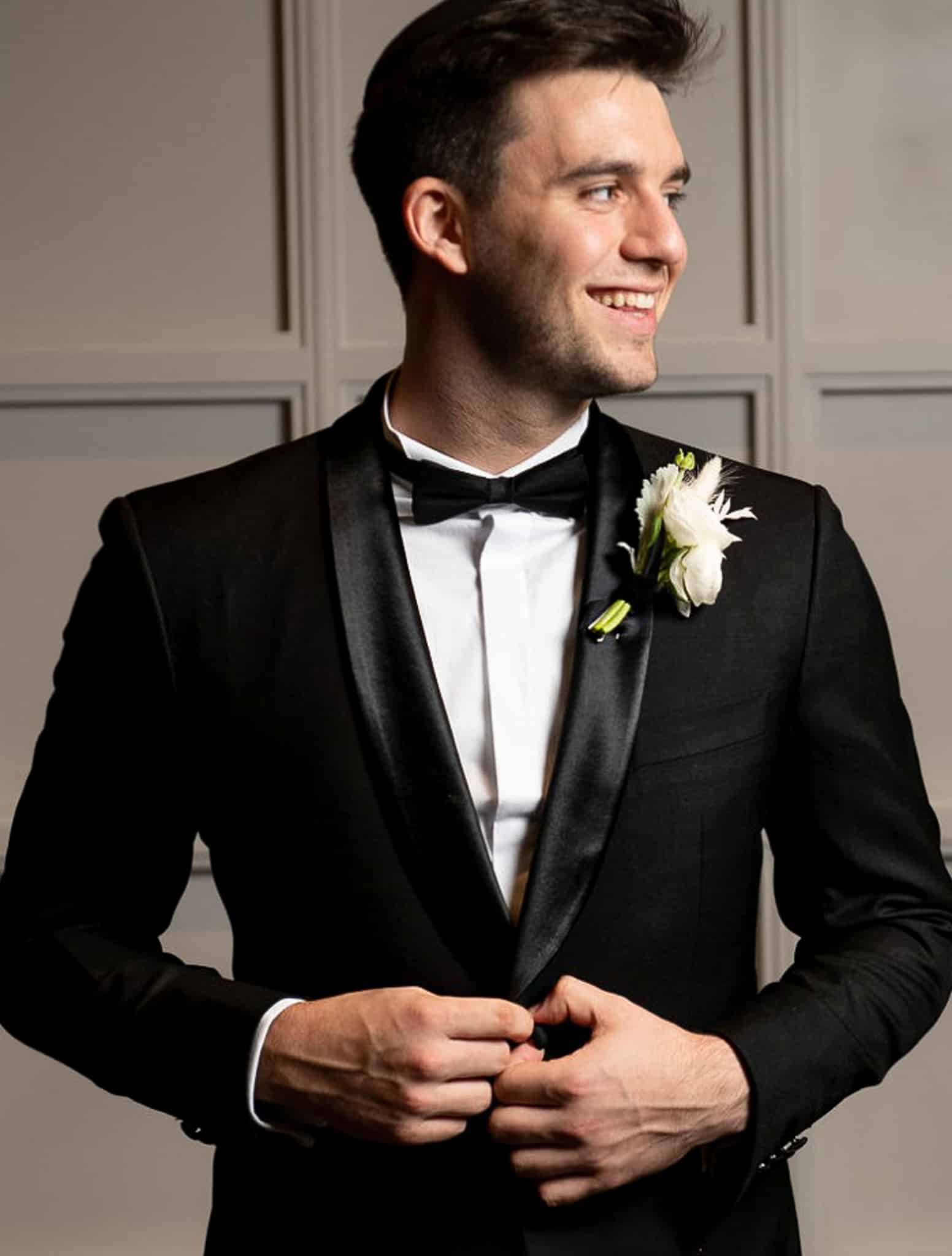 Client wearing Vitale Barberis classic custom tailored tuxedo.
