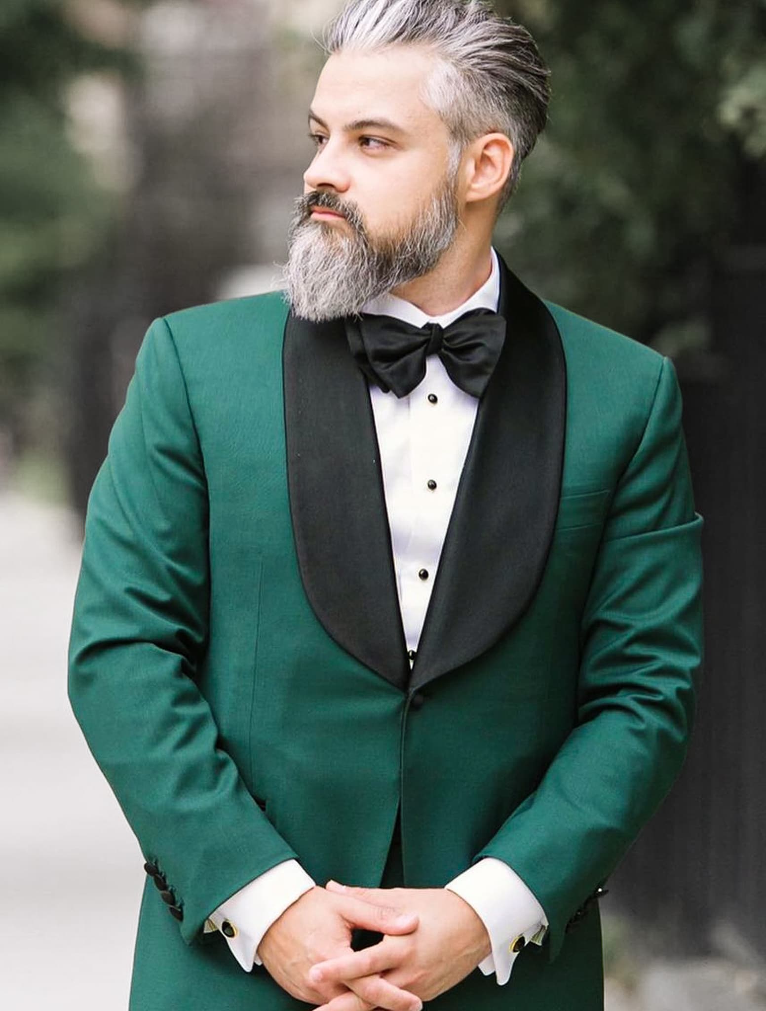 Piacenza forest green custom tuxedo jacket with black shawl satin lapel. White shirt and big black bowtie.