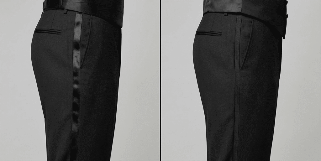 tuxedo pants with satin stripe vs Grosgrain